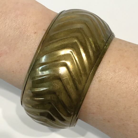 Vintage Jewelry - Vintage Brass Ribbed Bracelet Boho India Oversized Wide Chunky Puffy Bollywood